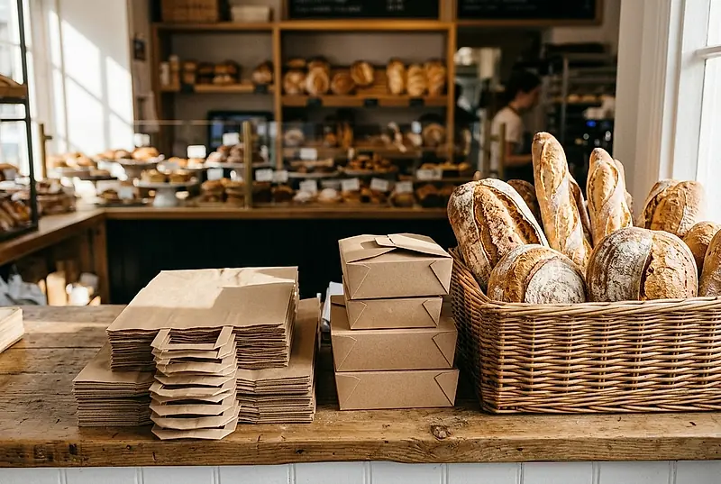 Paper bags and pre-order boxes stacked on the bakery counter.