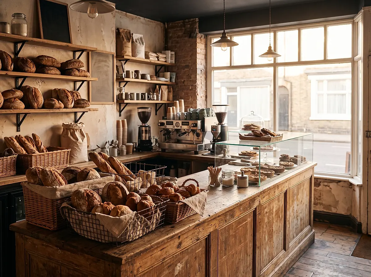 Inside the bakery: a wooden counter with baskets of bread and a coffee station.
