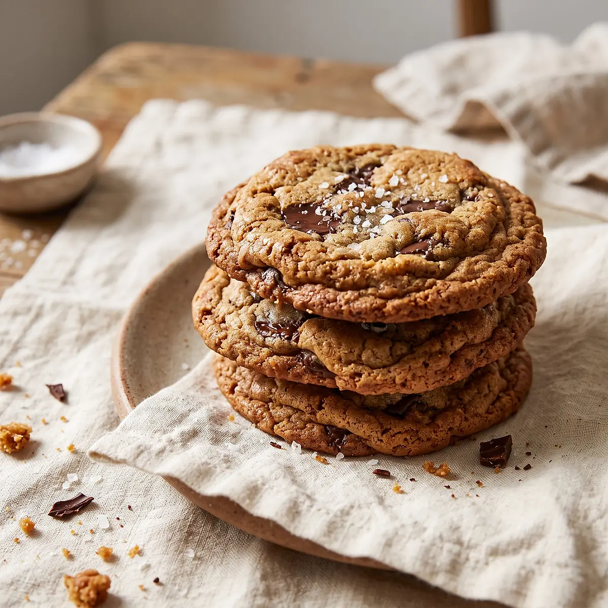 Three brown-butter chocolate chip cookies on a cream linen cloth