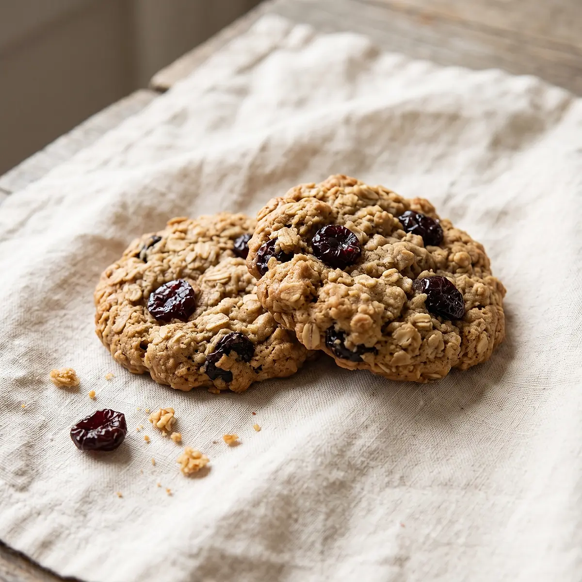Two oatmeal cherry cookies on a cream linen cloth