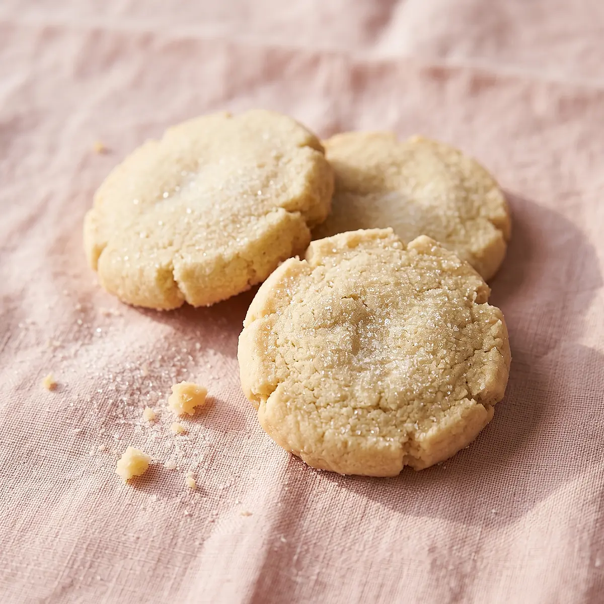 Lemon sugar cookies dusted with sugar on a blush cloth