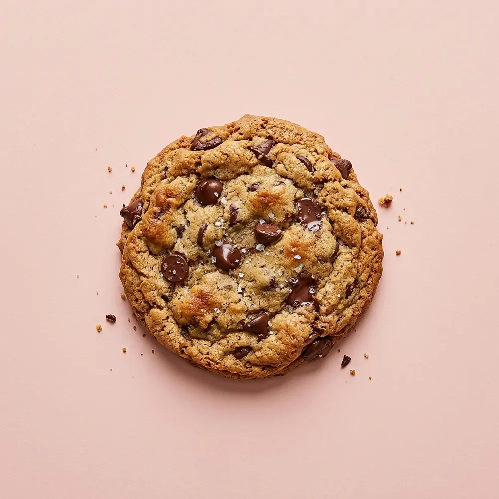 A brown-butter chocolate chip cookie photographed from above