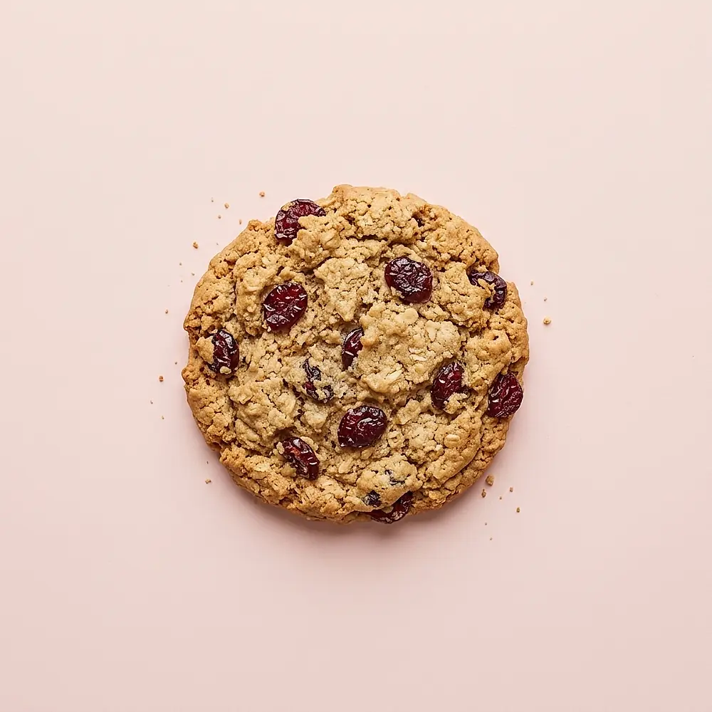 An oatmeal cherry cookie photographed from above