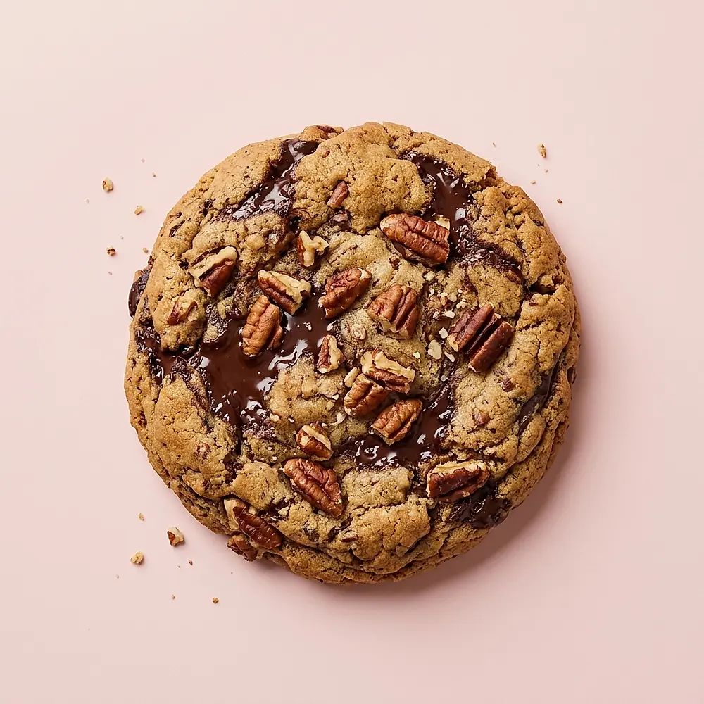 A cookie swirled with dark chocolate and scattered with toasted pecans