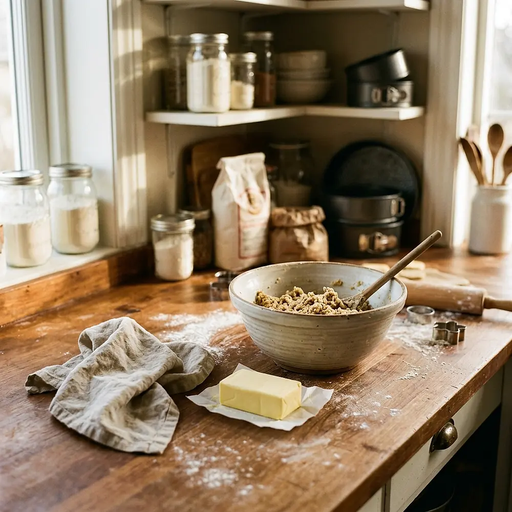 A worktop dusted with flour, a bowl of cookie dough and a wooden spoon