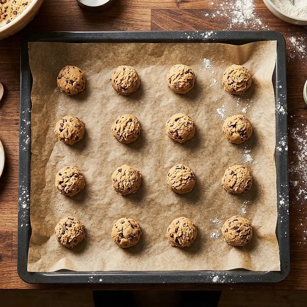Balls of cookie dough on a parchment-lined baking tray