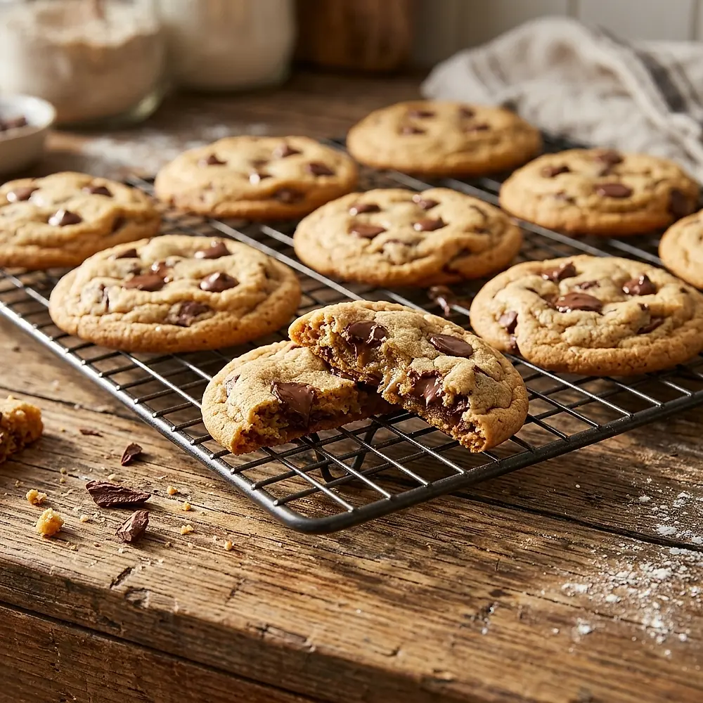 Chocolate chip cookies cooling on a wire rack