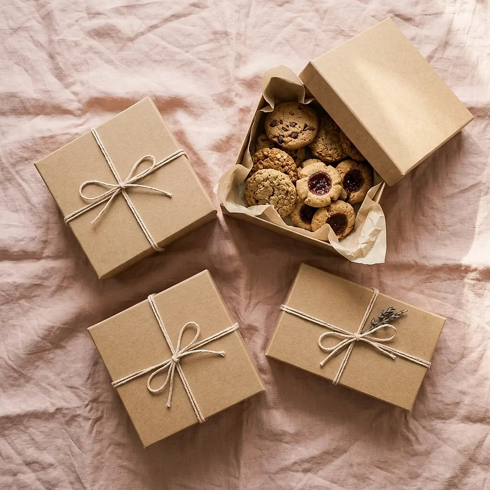 Kraft gift boxes tied with cotton string on a blush cloth