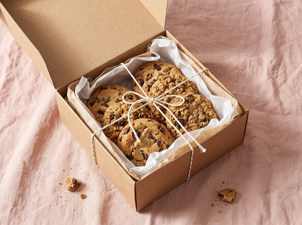 An open kraft gift box holding six cookies tied with cotton string
