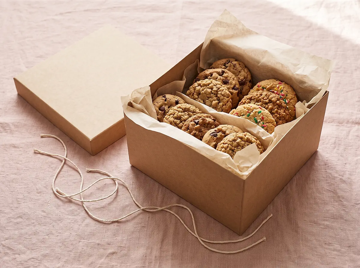 A larger kraft gift box holding twelve cookies, lid resting beside it