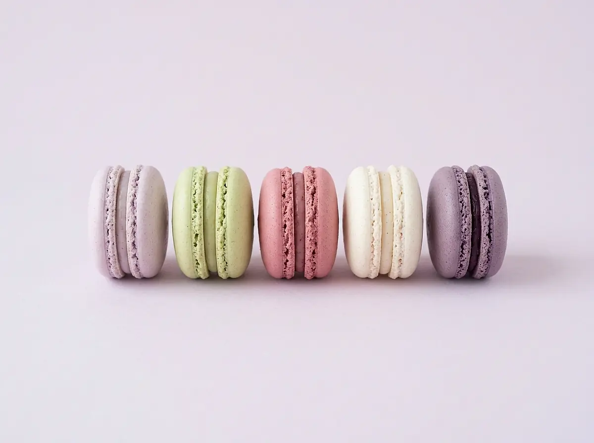 Five pastel macarons in a row on a pale background