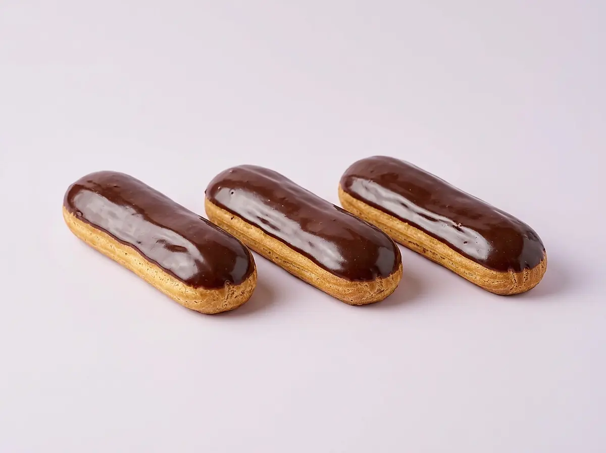 Three chocolate-glazed éclairs laid side by side