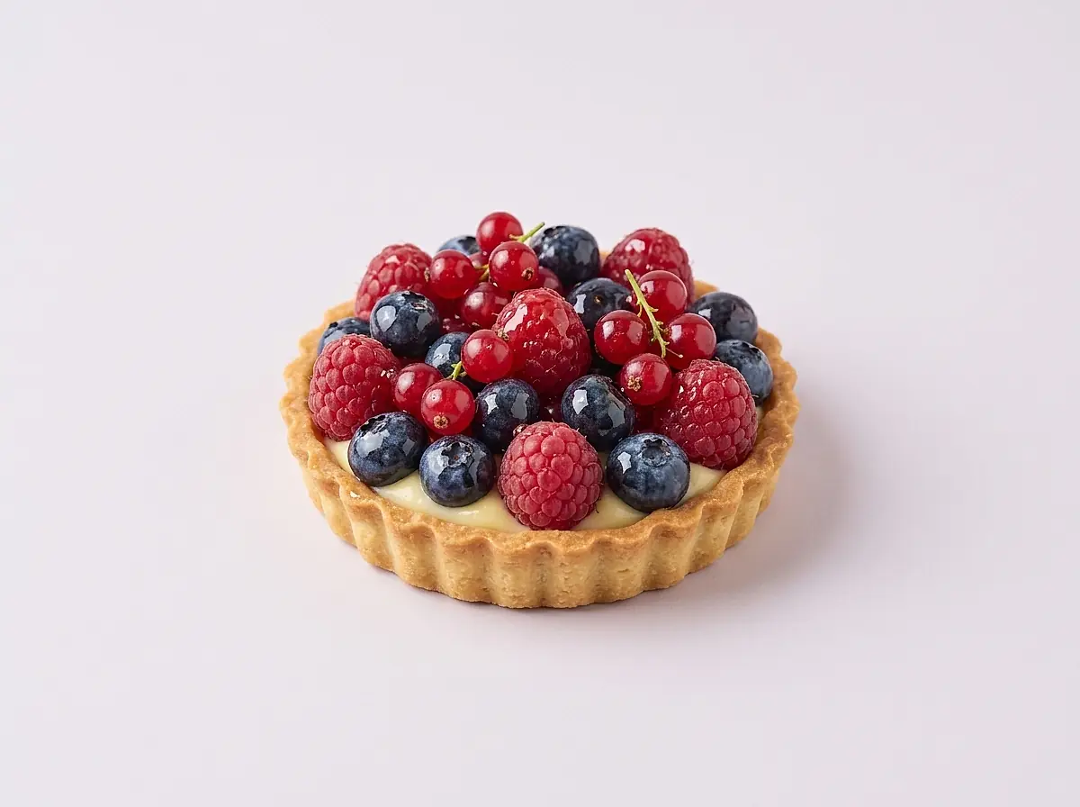 A fruit tart topped with raspberries and blueberries