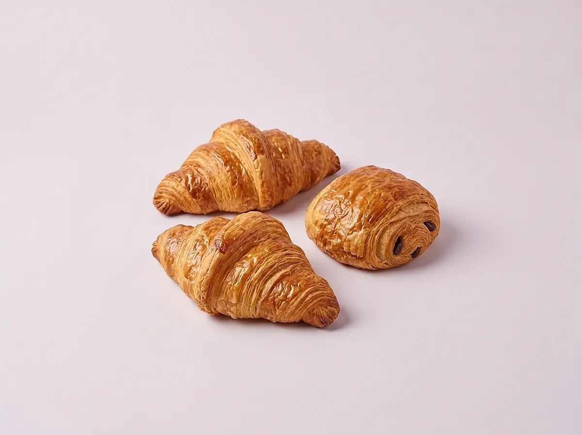 Two butter croissants and a pain au chocolat