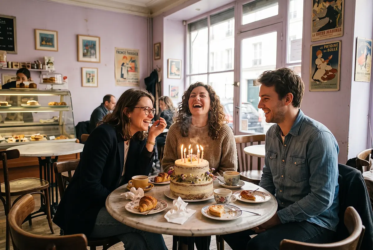 Three friends laughing around a birthday cake with lit candles at a café table