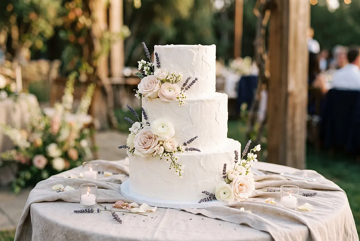 A three-tier wedding cake decorated with fresh flowers on a linen-covered table