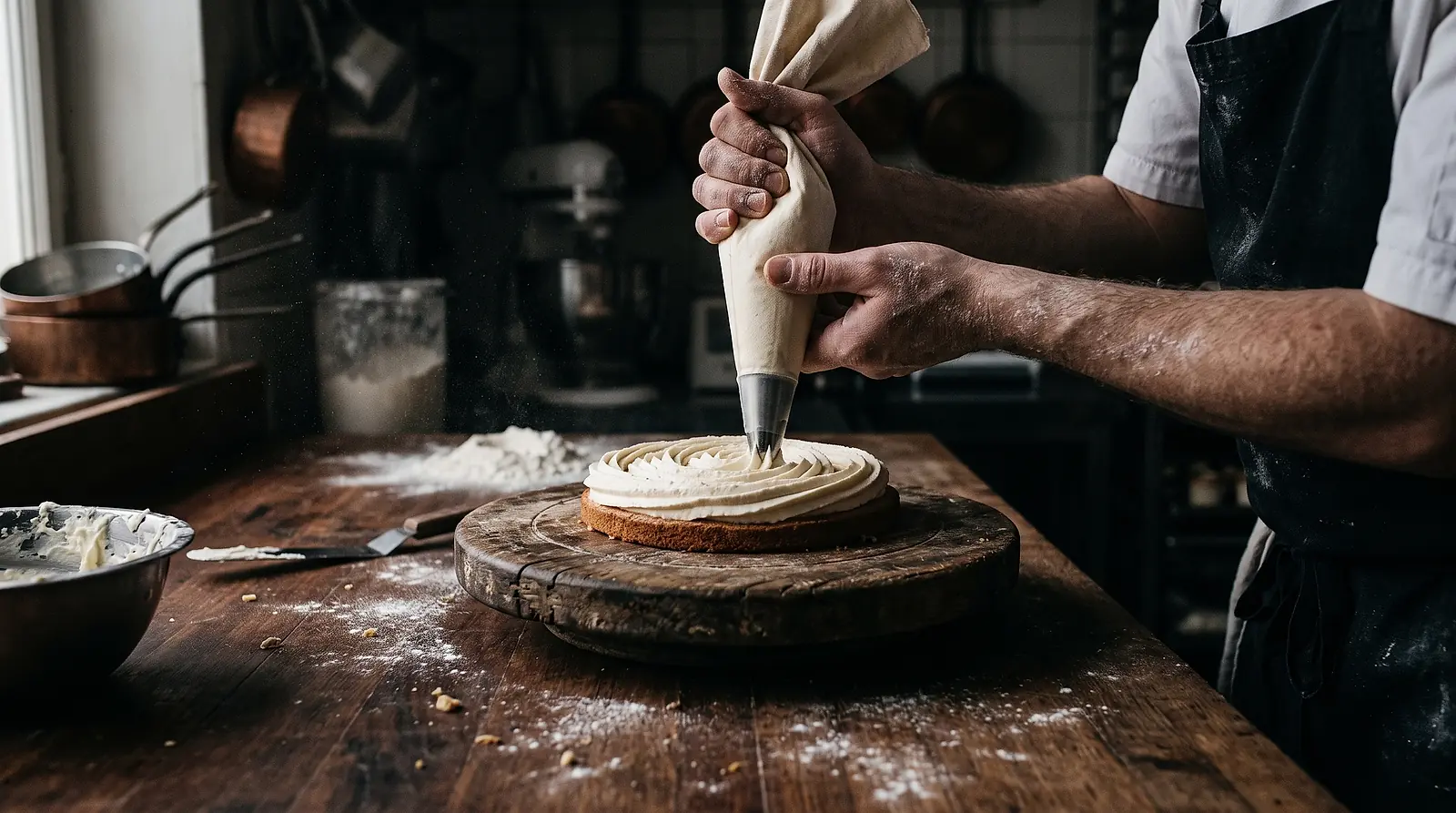 A pastry chef piping cream onto a cake on a wooden turntable