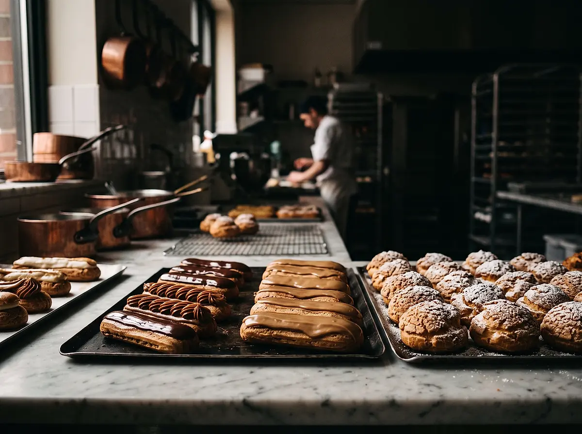 Trays of freshly made éclairs and choux buns on a marble counter