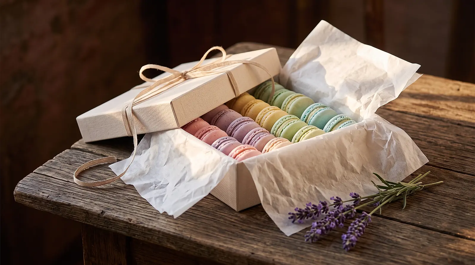 A pale gift box filled with macarons, tied with a ribbon