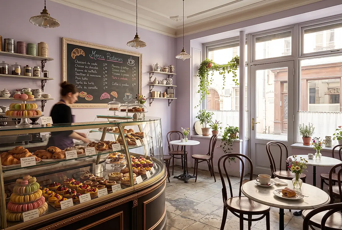 Inside the patisserie: a glass display case of pastries, marble tables and pale lavender walls