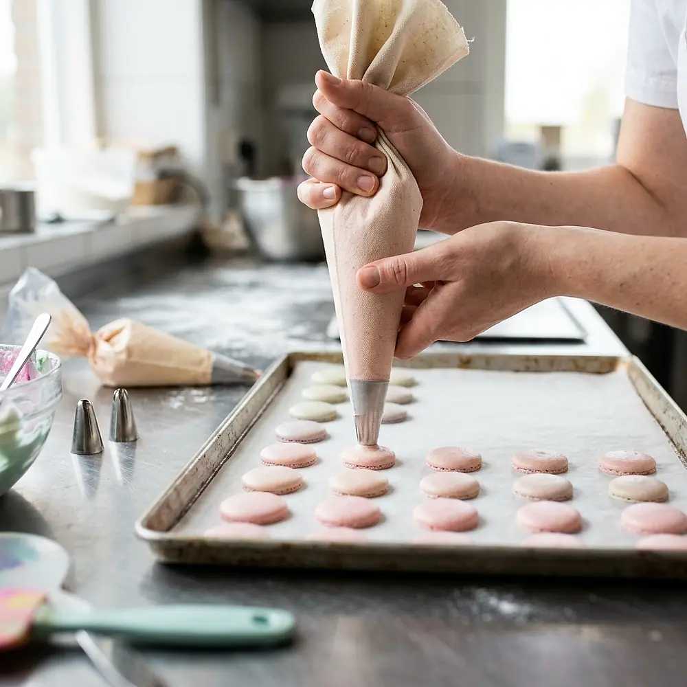 Hands piping pink macaron shells onto a baking tray