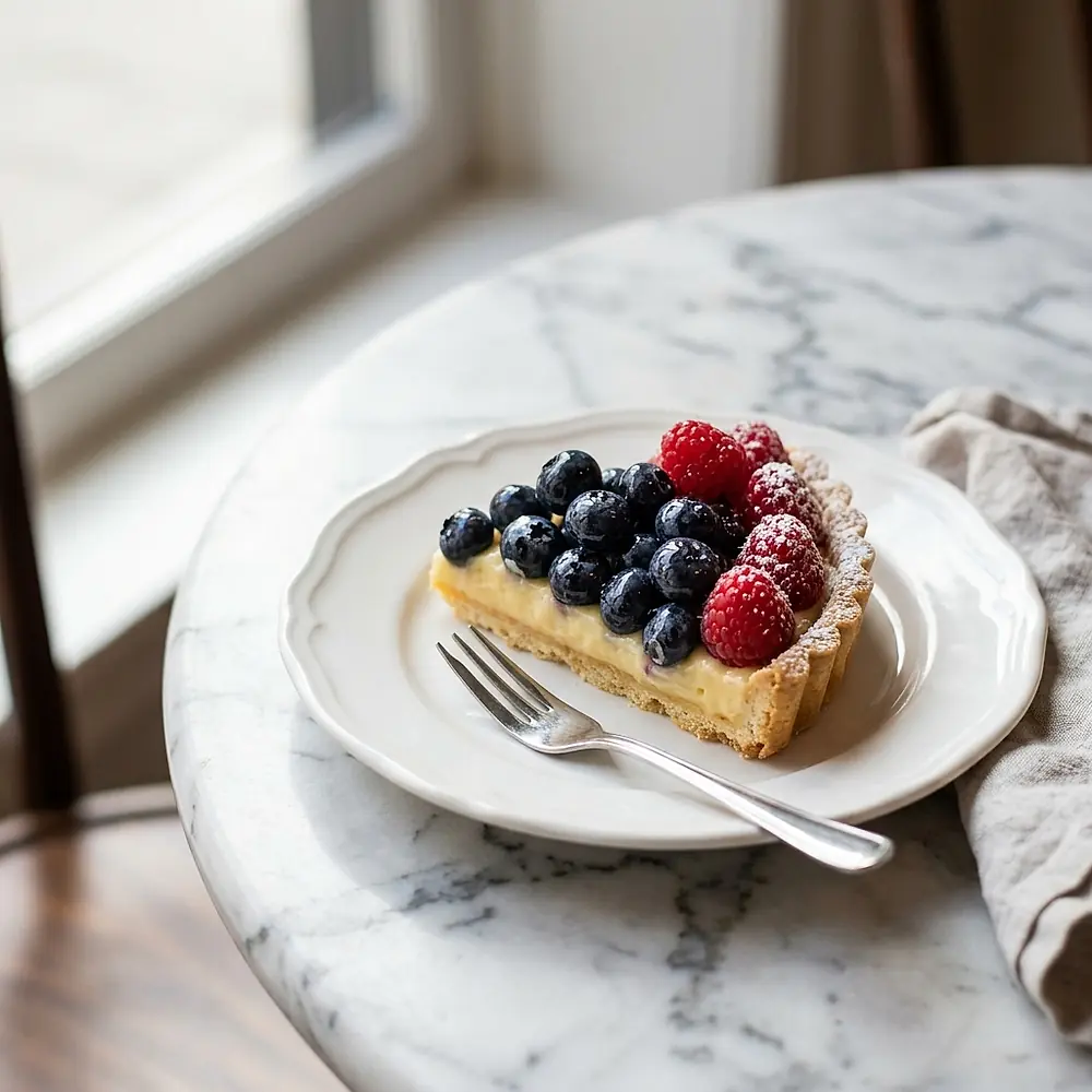 A slice of berry tart on a plate with a fork beside it