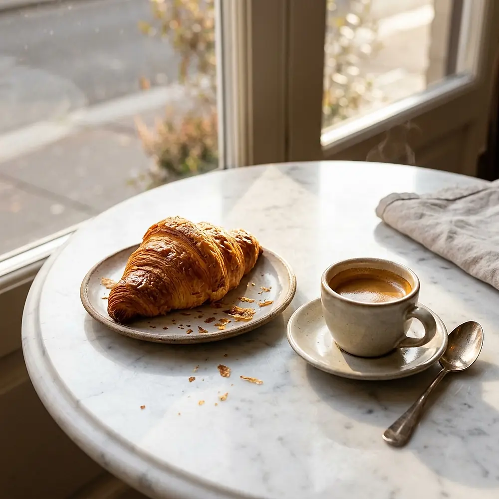 A croissant and a cup of coffee on a table by a sunny window