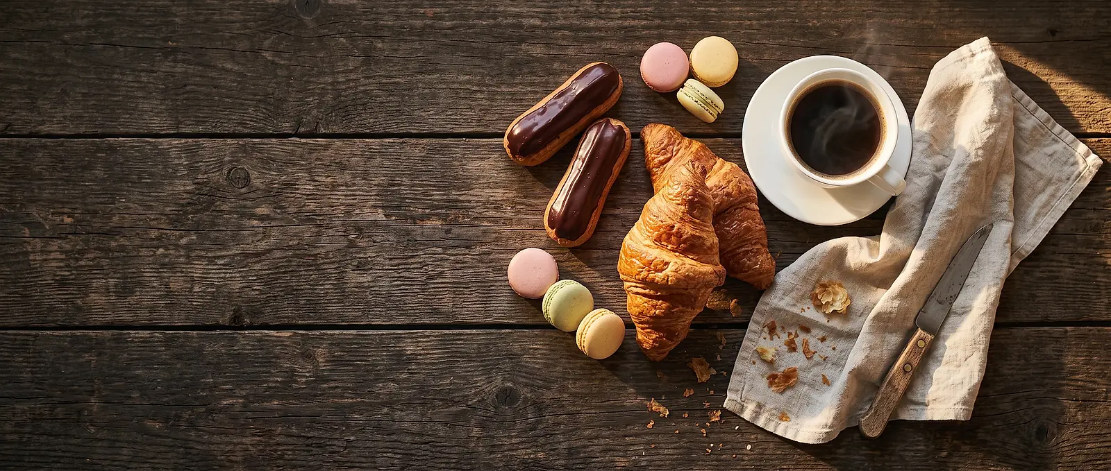 Croissants, éclairs and macarons on a wooden table with a cup of coffee