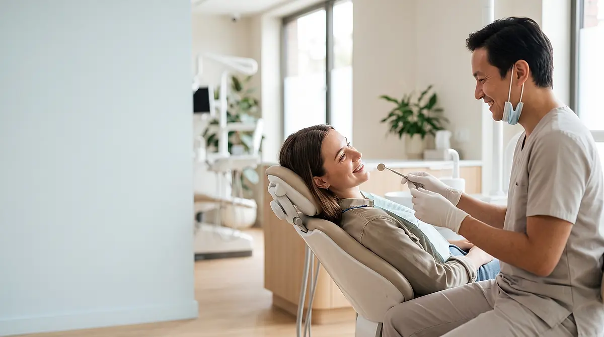 A dentist holding a mirror beside a smiling patient reclining in a dental chair.