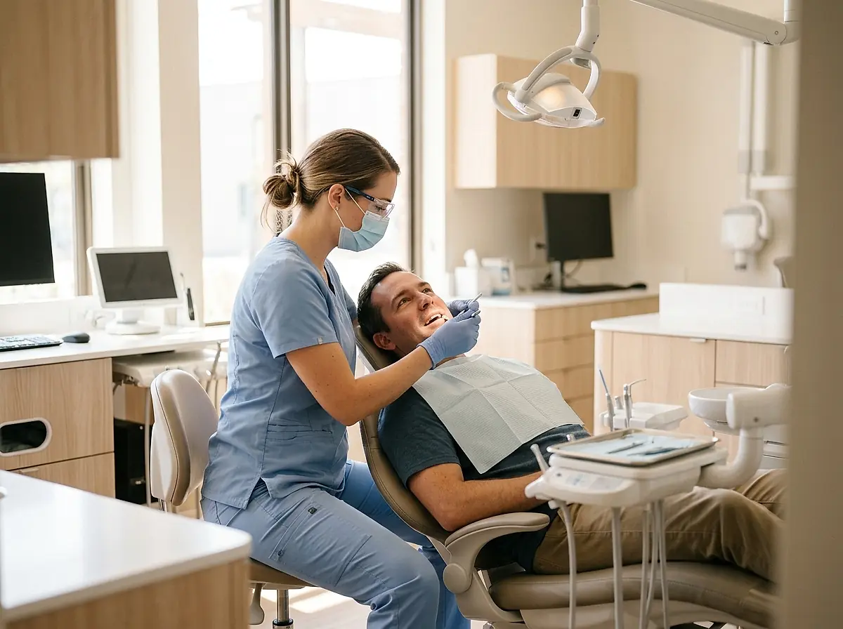 A dental hygienist examining a patient in a bright treatment room.