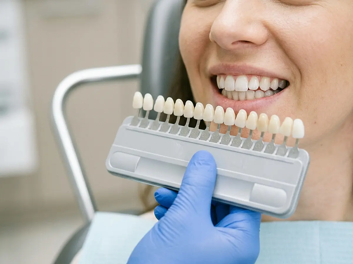 A dentist holding a tooth shade guide next to a patient's smile.