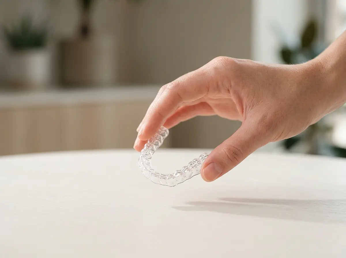 A clear dental aligner held up to the light.
