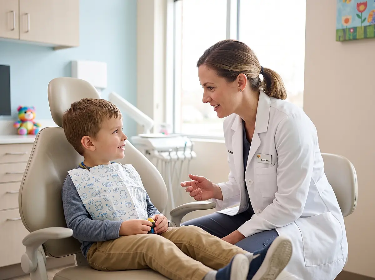 A dentist crouching to talk with a young patient in a dental chair.