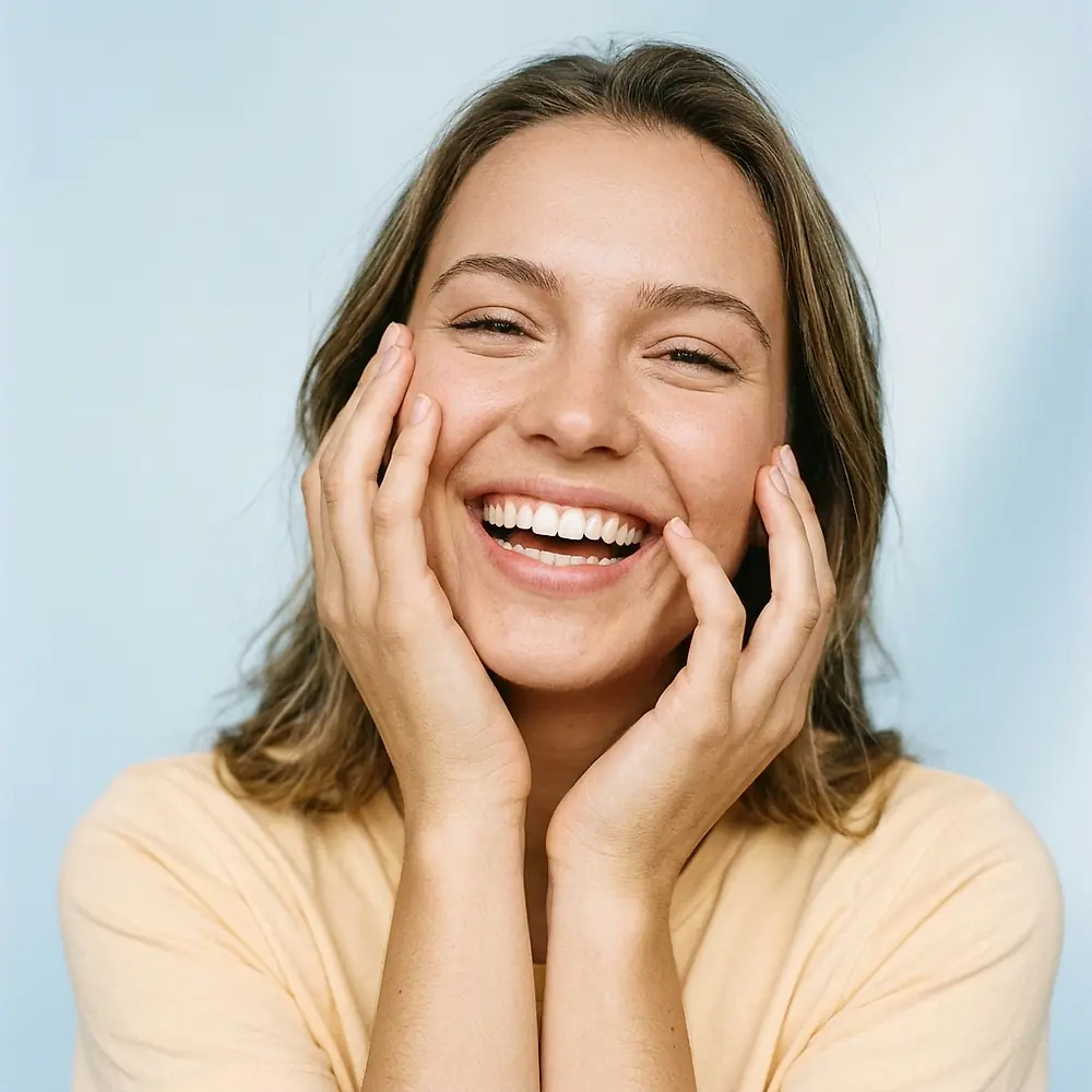 A woman smiling with her hands framing her cheeks.