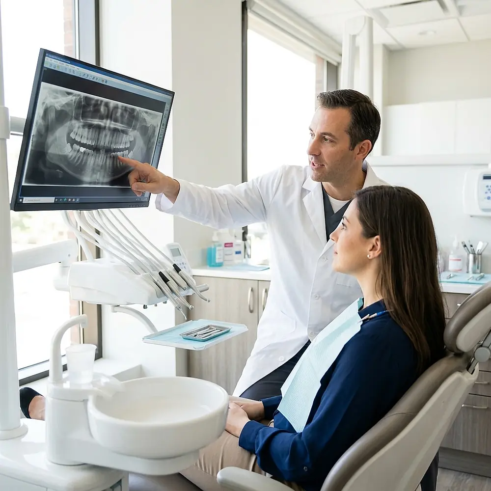 A dentist pointing out a detail on a dental X-ray while a patient watches.