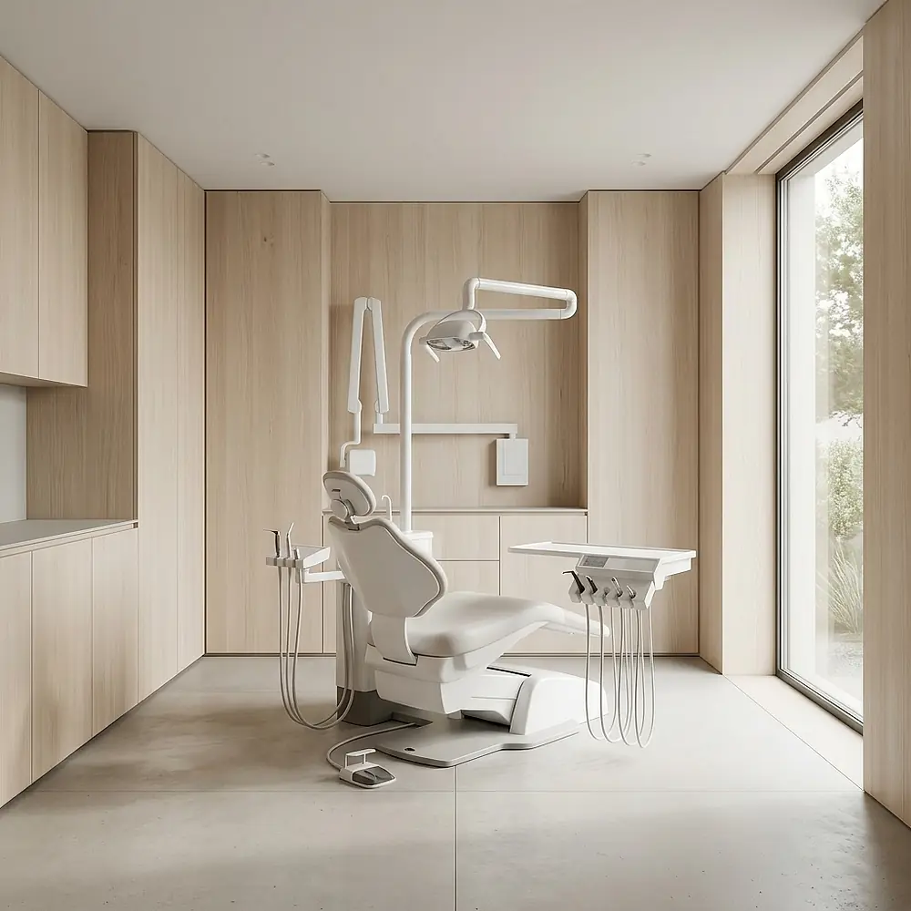 A modern treatment room with a white dental chair and pale wood panelling.