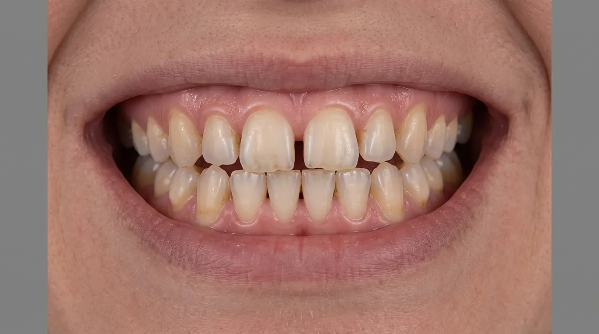 A close-up of a smile before whitening, with dull, uneven teeth.