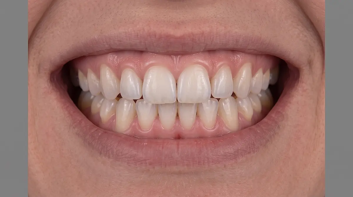 The same smile after whitening, with even, bright white teeth.