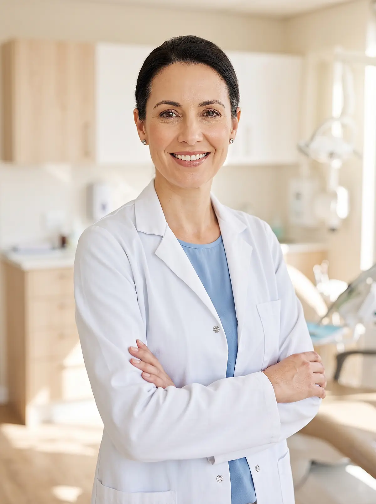 Dr. Priya Nair, in a white coat, standing in the practice.