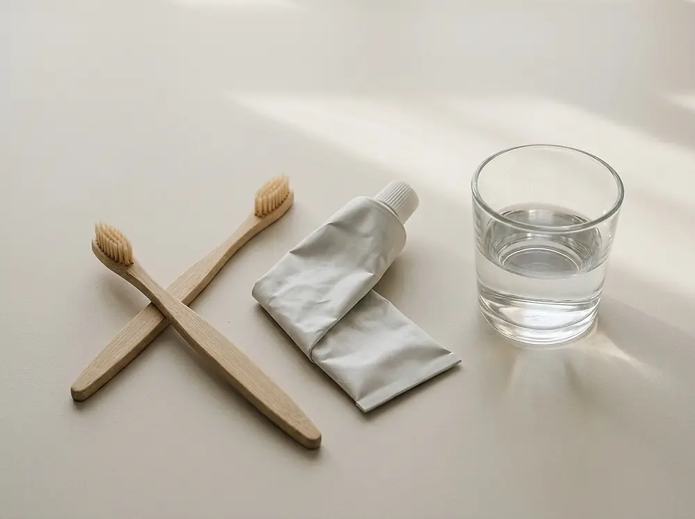 Two bamboo toothbrushes, a tube of toothpaste and a glass of water.