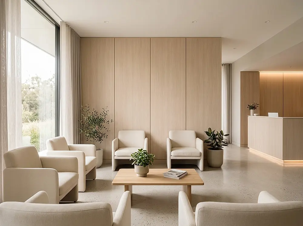The waiting area of the practice, with soft seating and a plant.