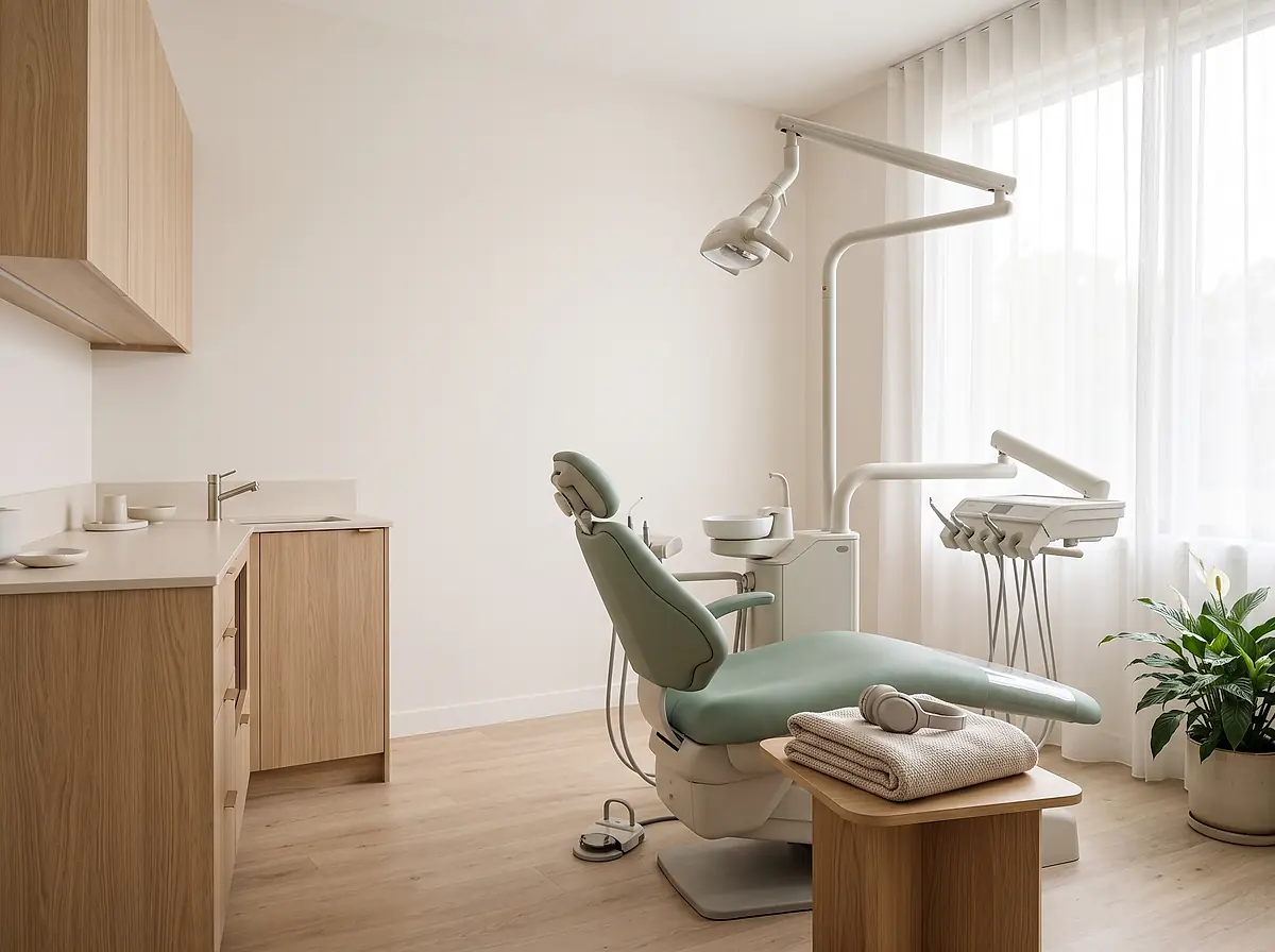 The treatment room at Willow Dental Studio, with a sage green dental chair, light wood cabinets and daylight from a large window.