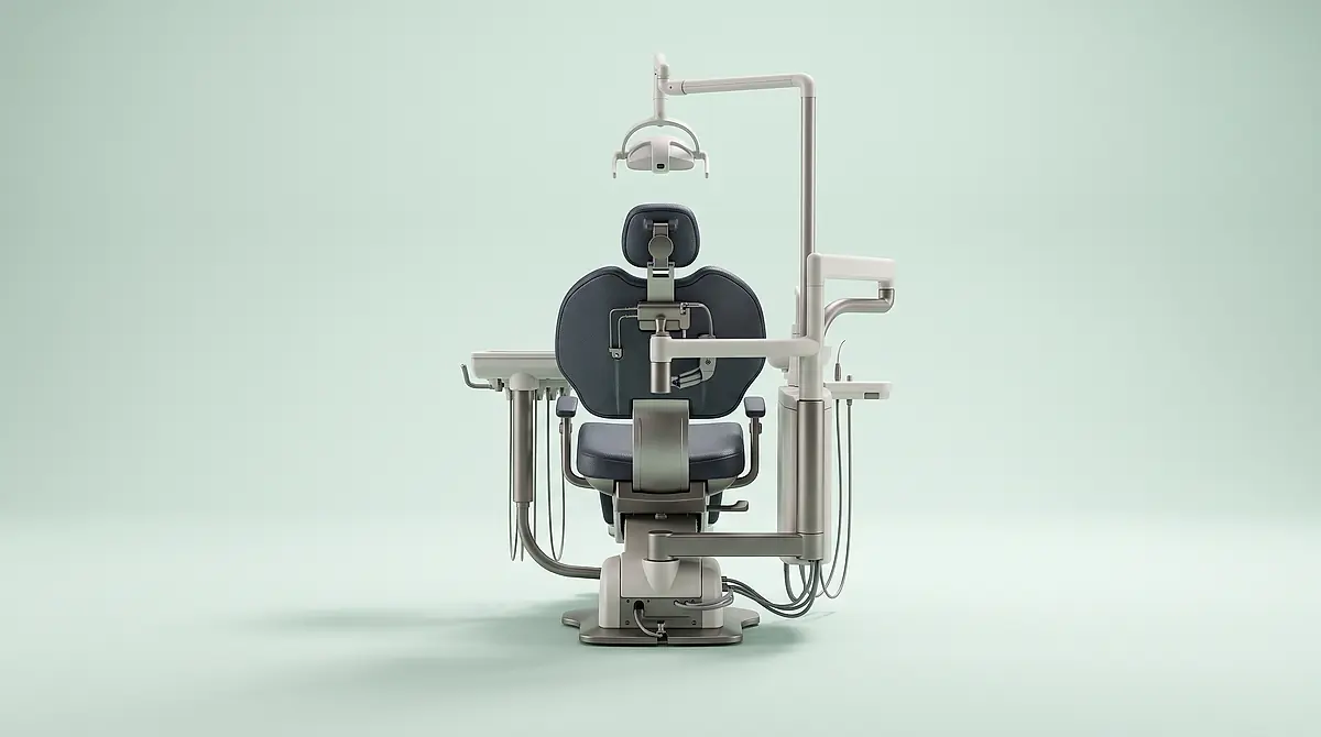 A dental chair in a mint green room, photographed from behind.
