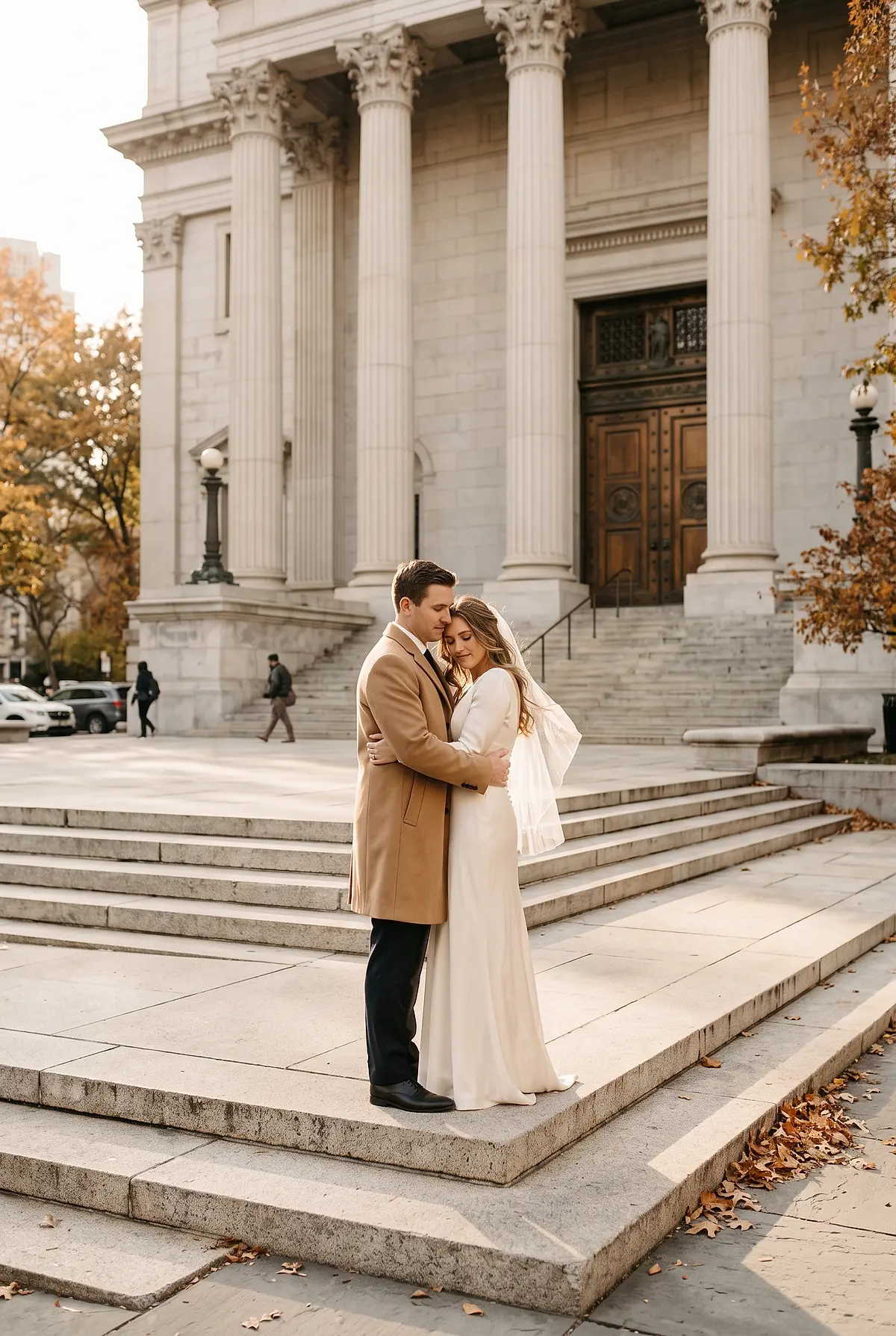 A newly married couple embracing on the stone steps of a courthouse.