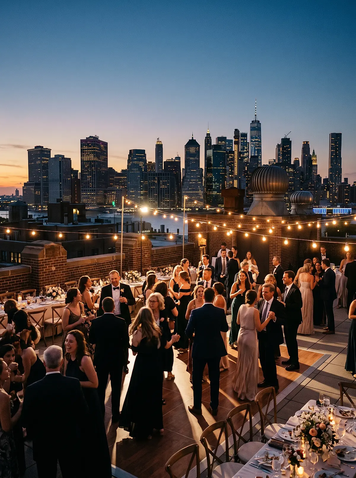 Guests dancing at a rooftop wedding reception with the Manhattan skyline behind them.