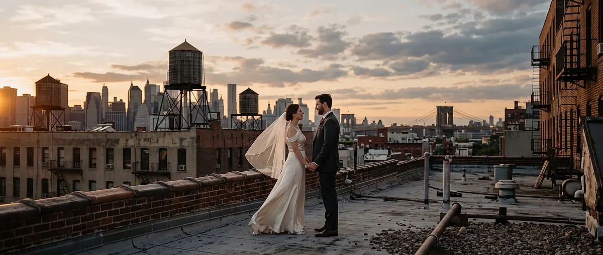 A couple in wedding clothes standing on a Brooklyn rooftop at sunset, the city skyline behind them.