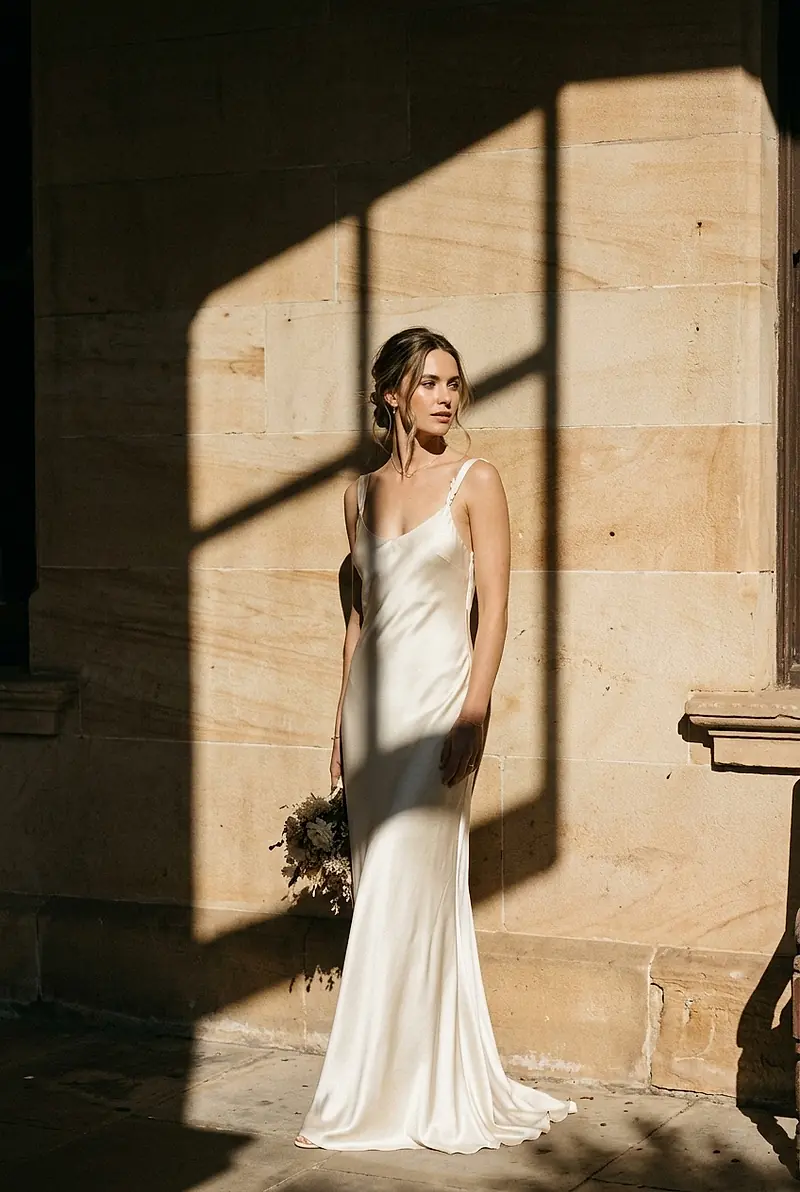 A bride in a bias-cut silk dress against a sandstone wall with a hard afternoon shadow.