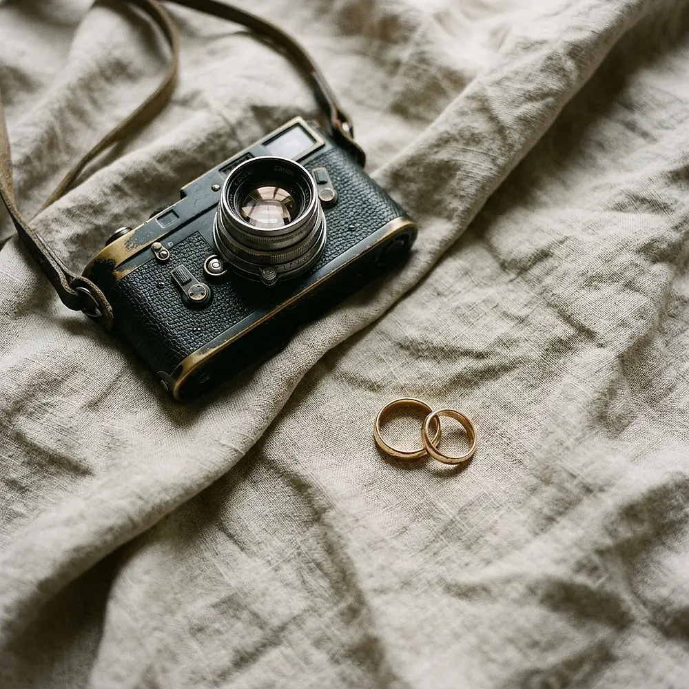 Two gold wedding rings and a film camera resting on rumpled linen.