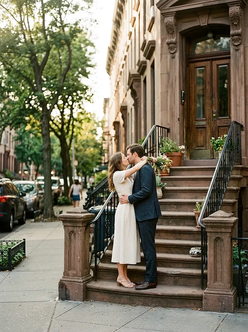 A couple kissing on the steps of a Brooklyn brownstone.