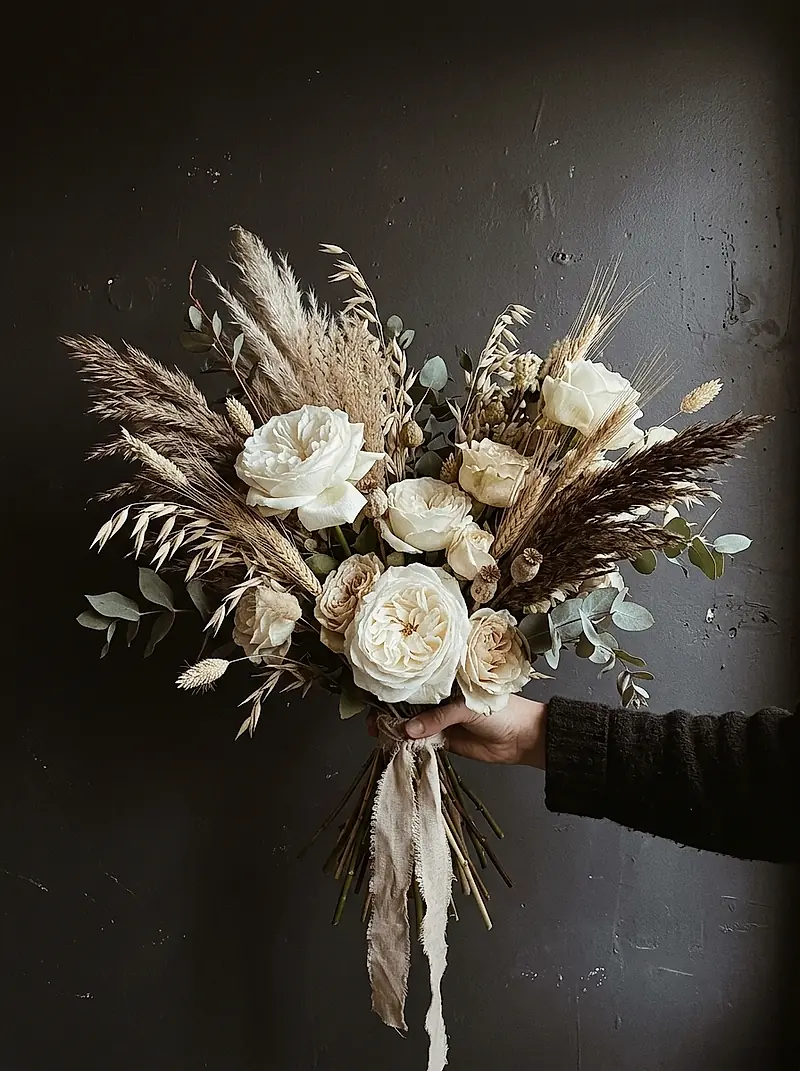 A loose bouquet of white garden roses and dried grasses against a dark wall.